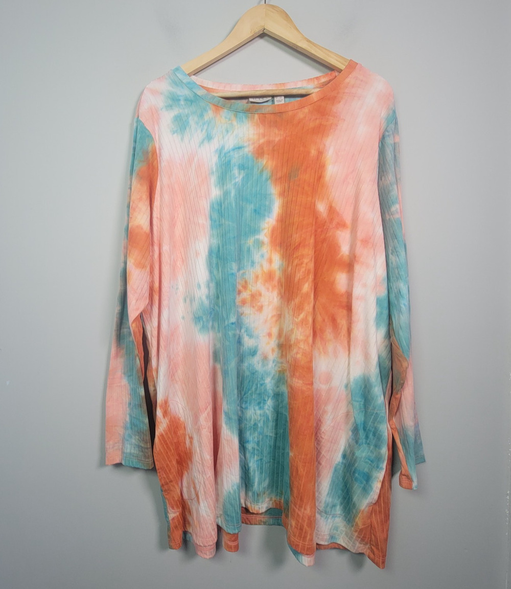 LOGO Lori Goldstein 3X Orange Teal Tie Dye Knit Tunic Top Long Sleeve Stretch